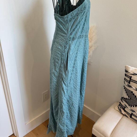 Free People Bella Boho Tie One Shoulder Cotton Maxi Dress Lace Mint Green Small - Picture 5 of 11